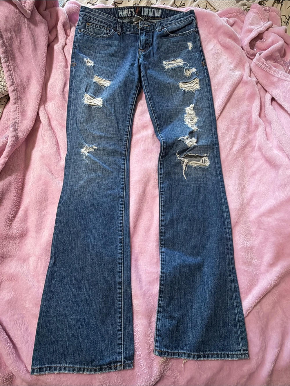 People's Liberation Dark Blue Distressed Flare Jeans